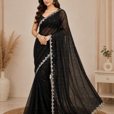 Black Net Sequin Designer Saree