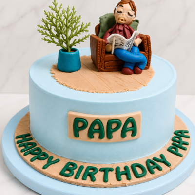 Papa Birthday Cake – Blue Designer Cake with Newspaper Reading Theme