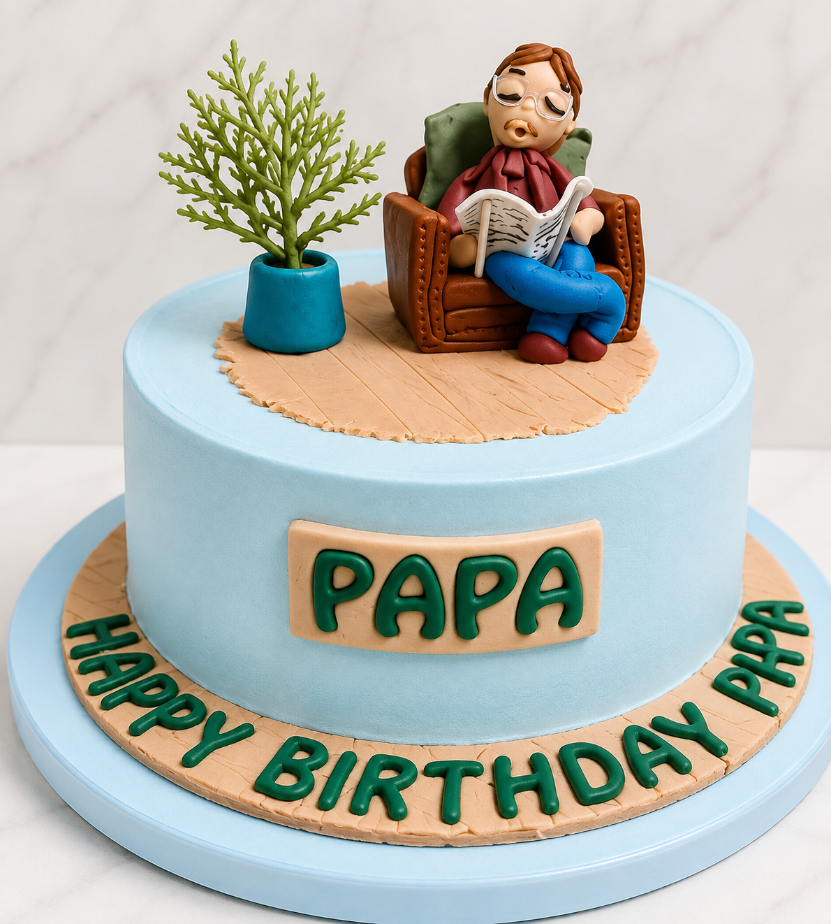 Papa Birthday Cake – Blue Designer Cake with Newspaper Reading Theme