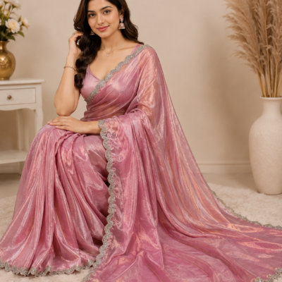 Rose Pink Shimmer Designer Saree