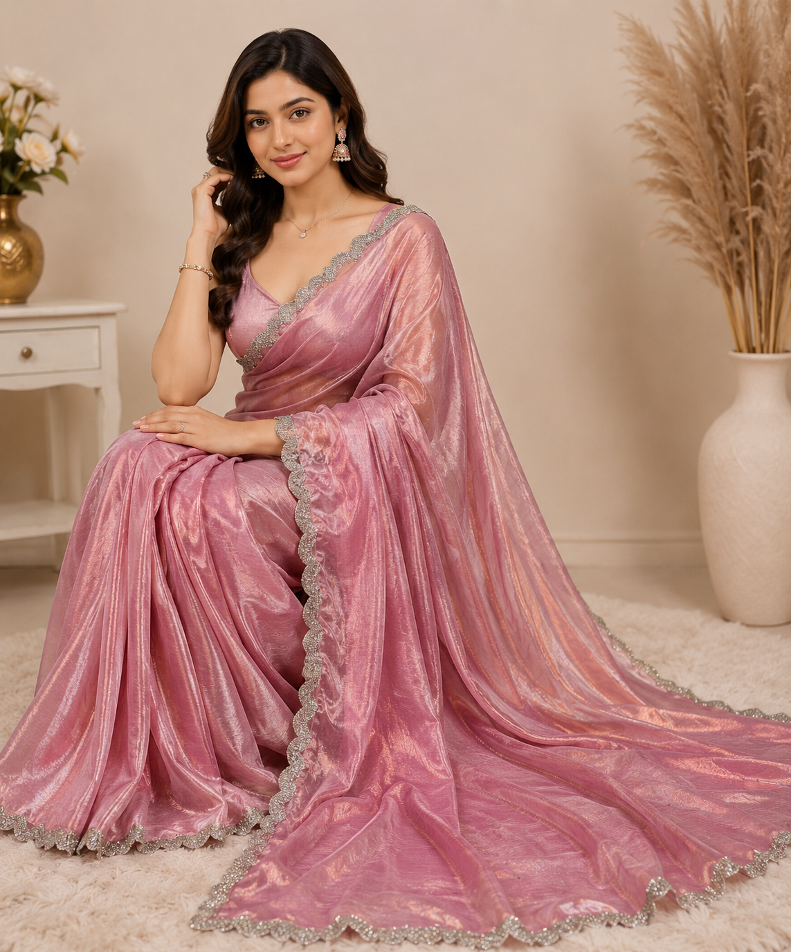 Rose Pink Shimmer Designer Saree
