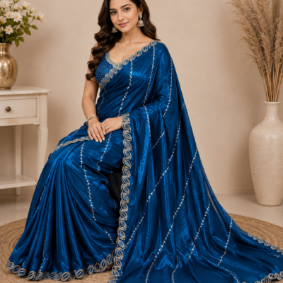 Royal Blue Satin Designer Saree