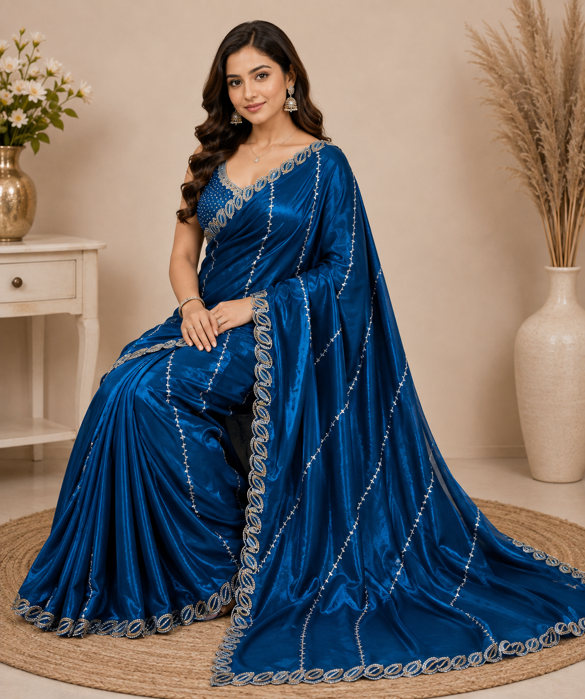 Royal Blue Satin Designer Saree