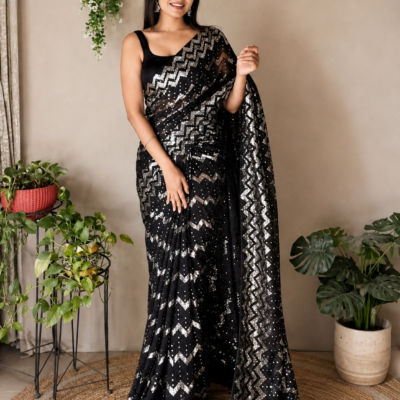 Black Silver Chevron Sequin Saree