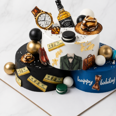 Luxury Gentleman Birthday Cake – 3 Tier Black, White & Blue Designer Cake