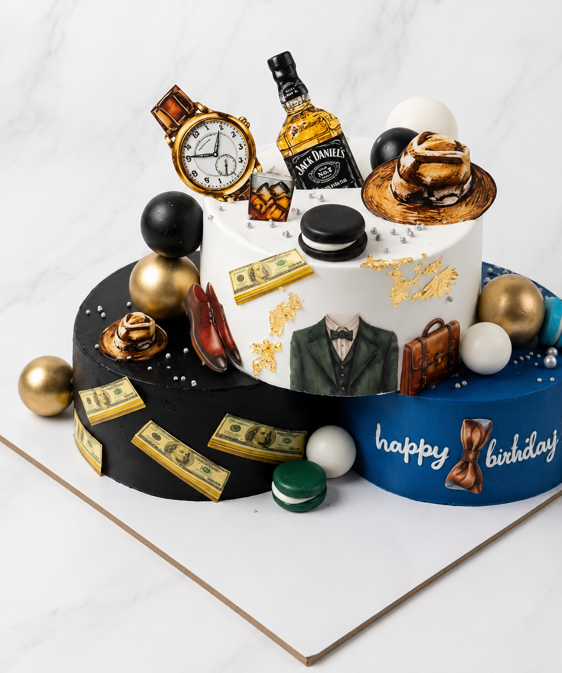 Luxury Gentleman Birthday Cake – 3 Tier Black, White & Blue Designer Cake