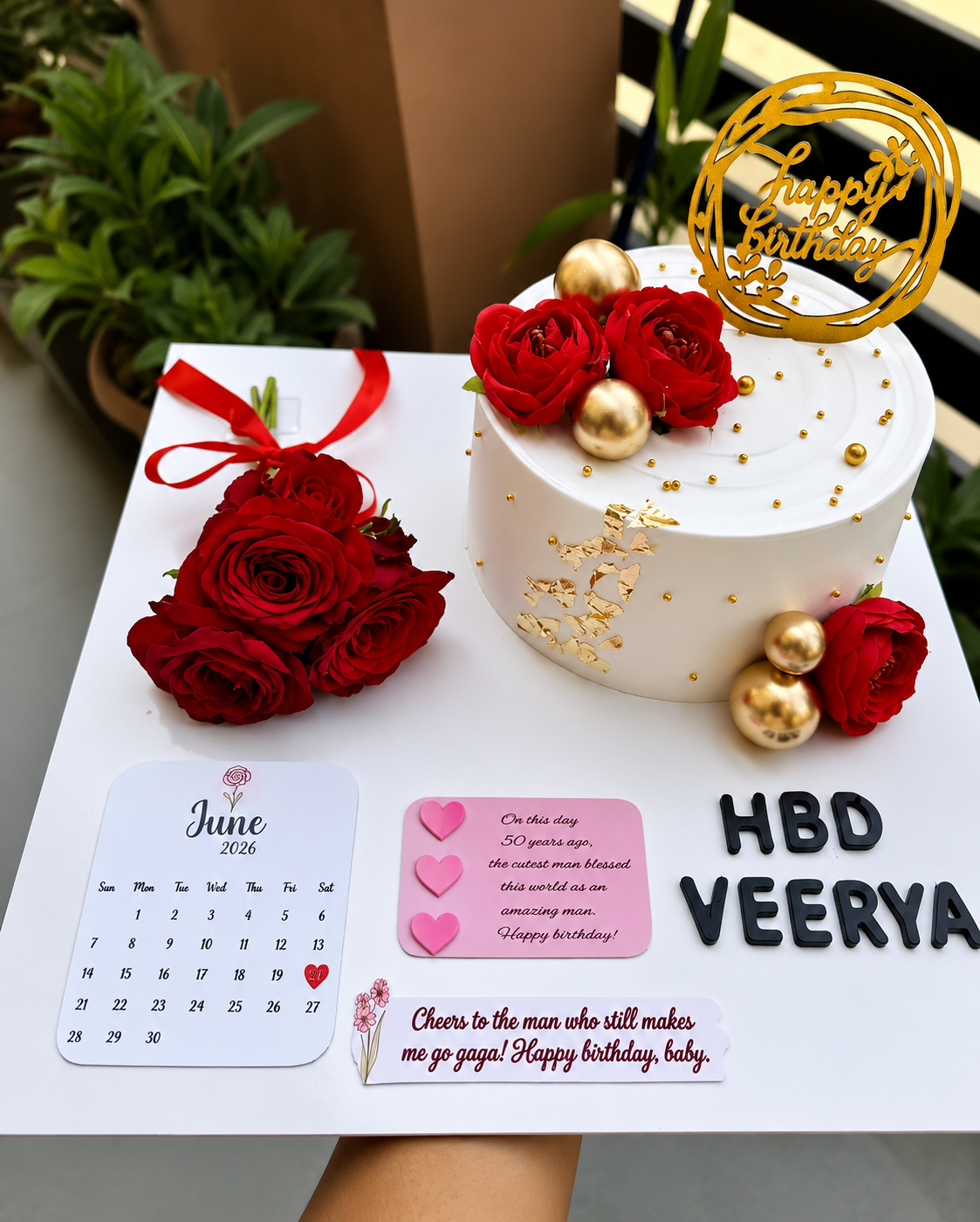 Red Rose Birthday Cake with Personalized Memory Board