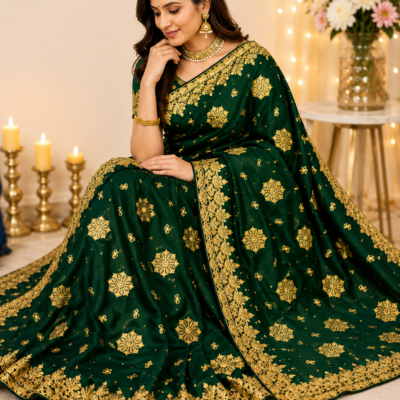 Emerald Green Gold Embroidered Designer Saree