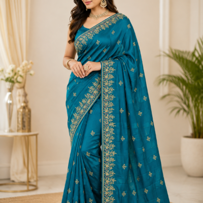 Teal Blue Embroidered Designer Saree