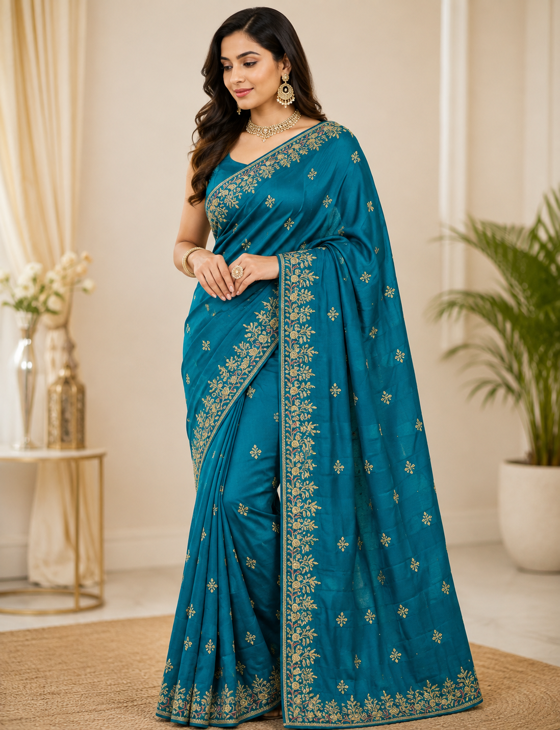 Teal Blue Embroidered Designer Saree