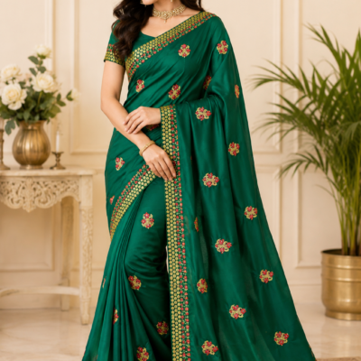 Emerald Green Floral Embroidered Saree | Feeling Celebration