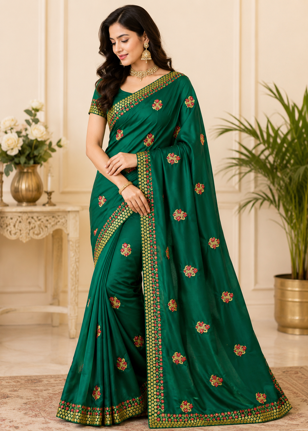 Emerald Green Floral Embroidered Saree