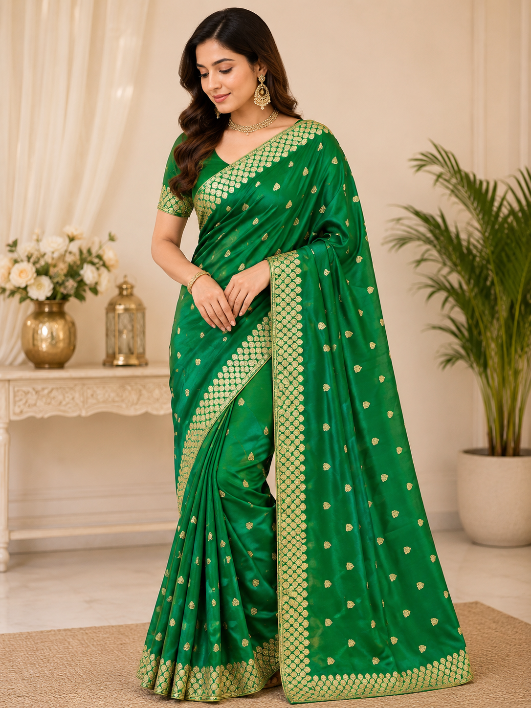 Emerald Green Gold Motif Designer Saree