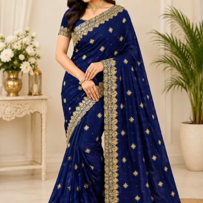 Royal Blue Gold Embroidered Designer Saree
