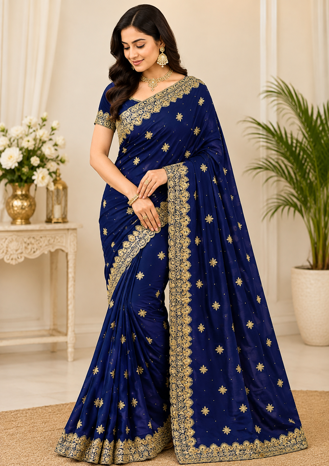 Royal Blue Gold Embroidered Designer Saree
