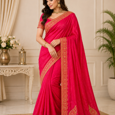 Fuchsia Pink Gold Embroidered Designer Saree