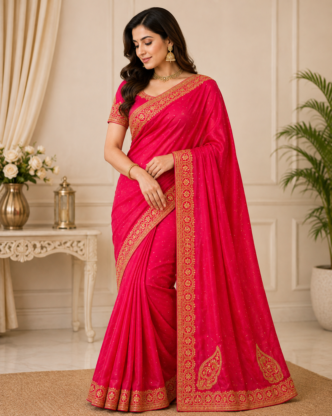 Fuchsia Pink Gold Embroidered Designer Saree
