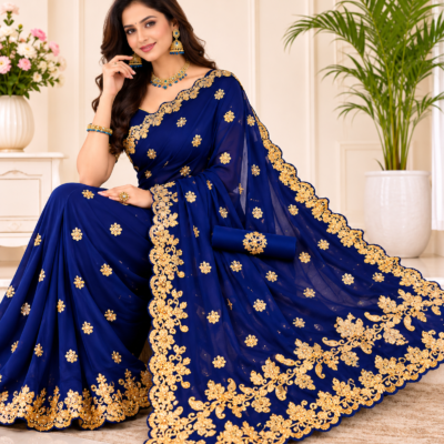 Navy Blue Full Stone Work Designer Saree