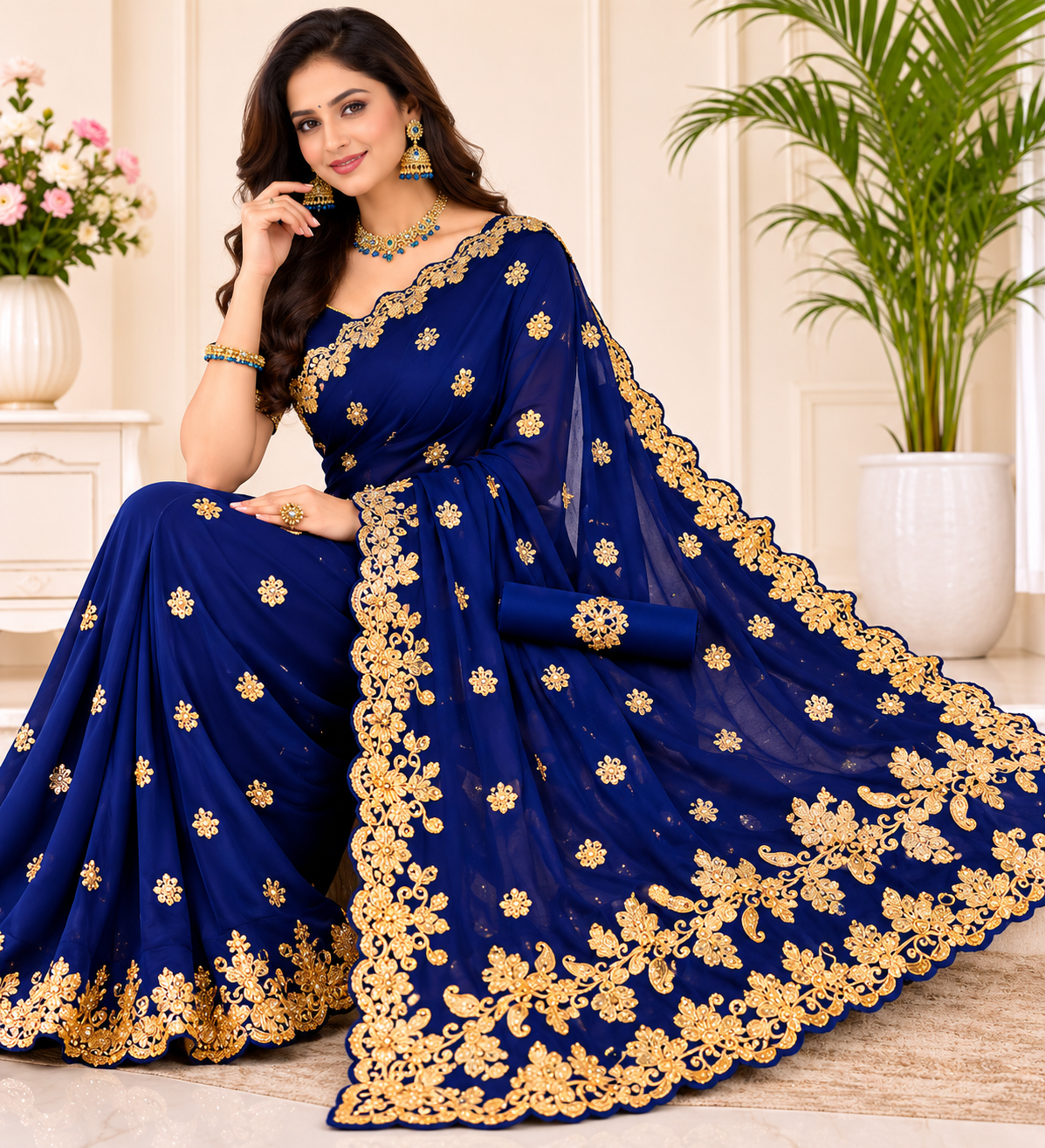 Navy Blue Full Stone Work Designer Saree