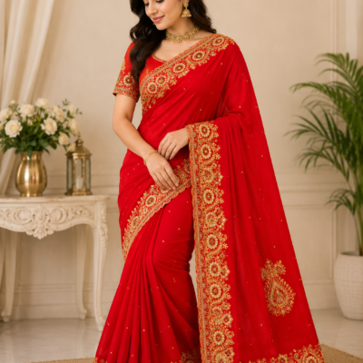 Red Gold Embroidered Designer Saree