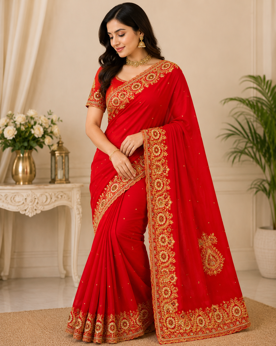 Red Gold Embroidered Designer Saree