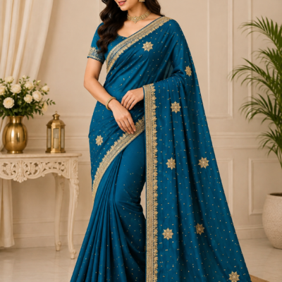 Teal Blue Gold Motif Designer Sare