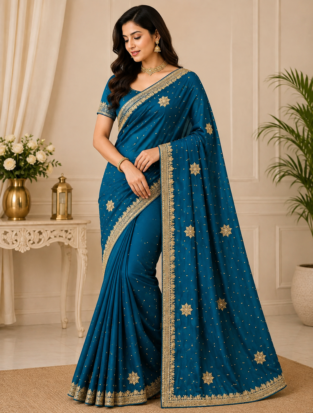 Teal Blue Gold Motif Designer Sare