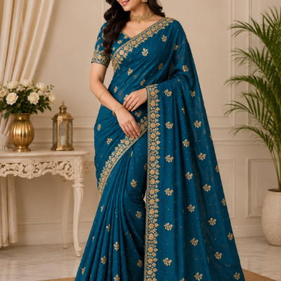 Teal Blue Floral Embroidered Designer Saree