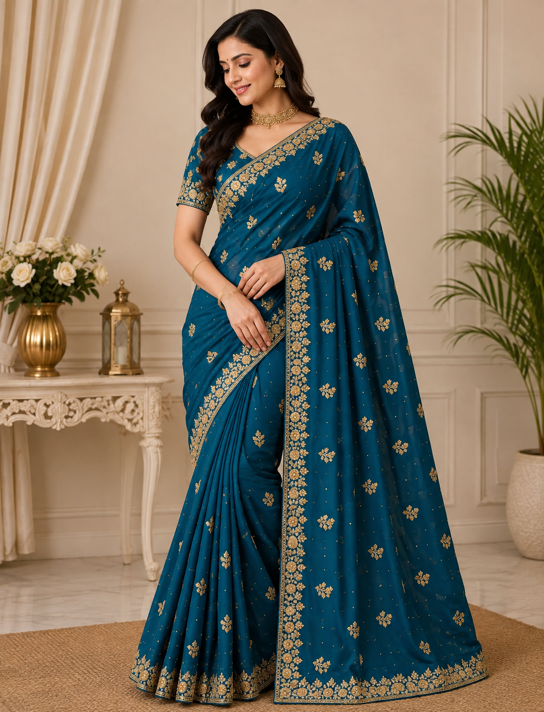 Teal Blue Floral Embroidered Designer Saree