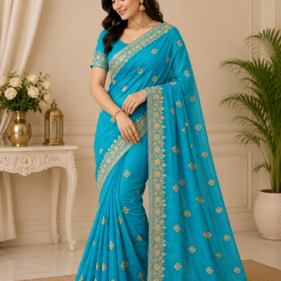 Turquoise Blue Gold Embroidered Designer Saree