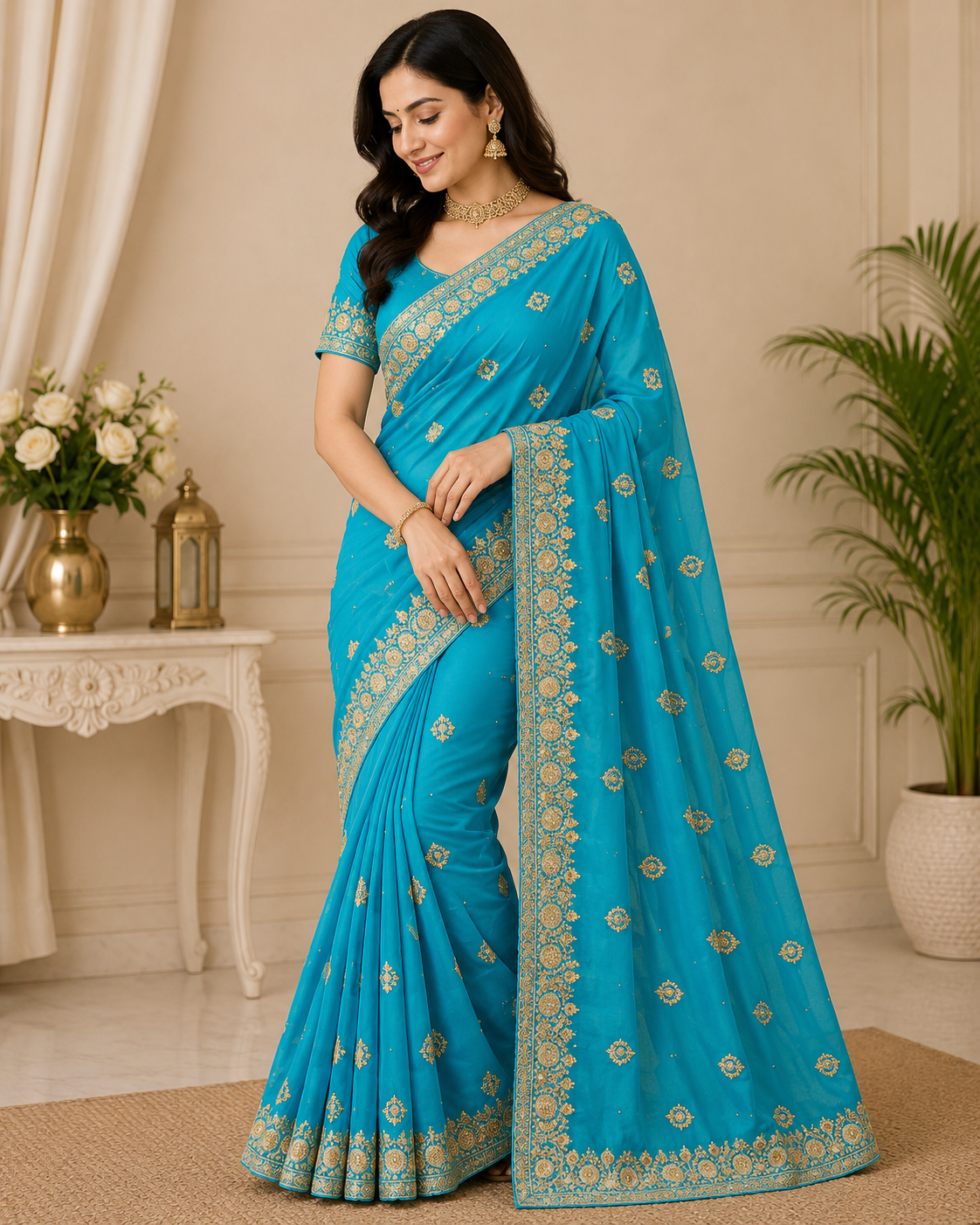 Turquoise Blue Gold Embroidered Designer Saree