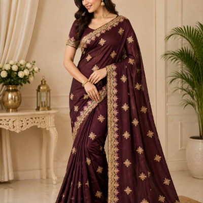 Burgundy Maroon Gold Embroidered Designer Saree