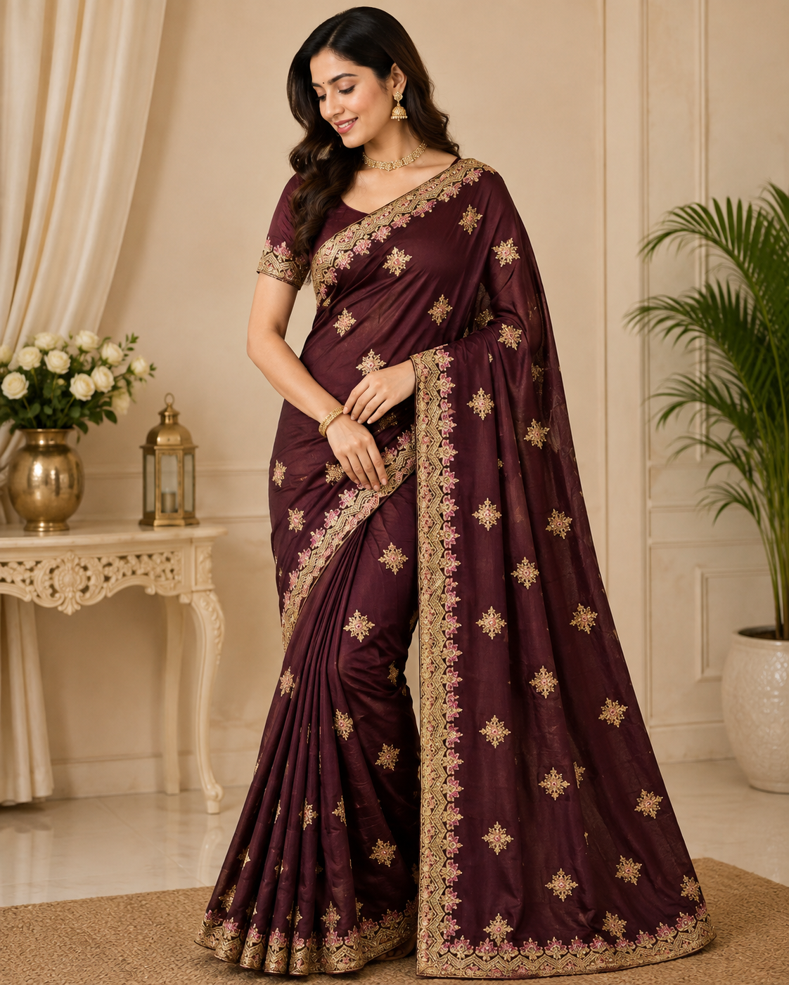 Burgundy Maroon Gold Embroidered Designer Saree