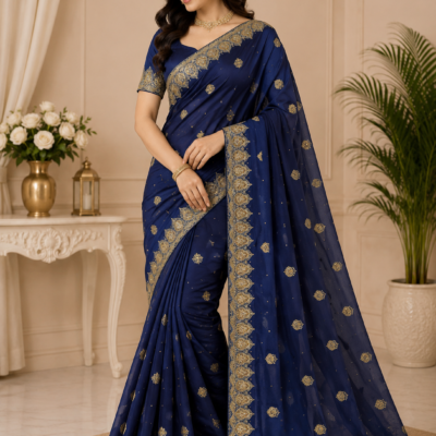 Navy Blue Gold Embroidered Designer Saree