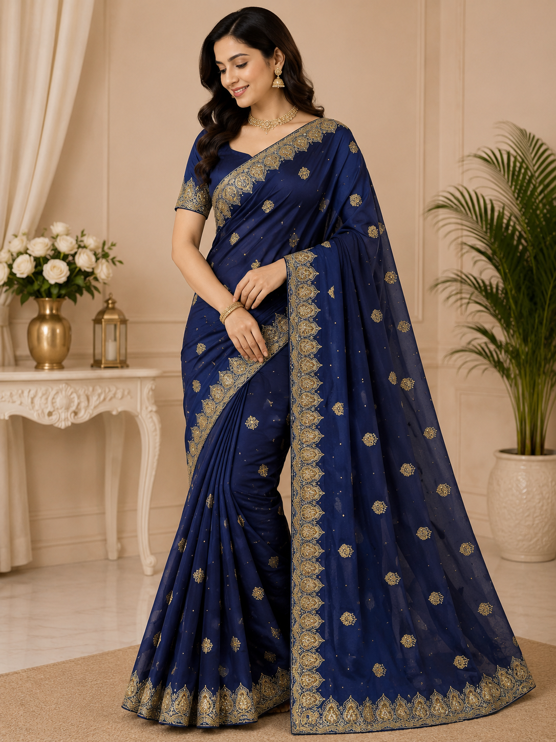 Navy Blue Gold Embroidered Designer Saree