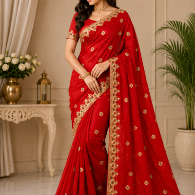 Red Gold Floral Embroidered Designer Saree