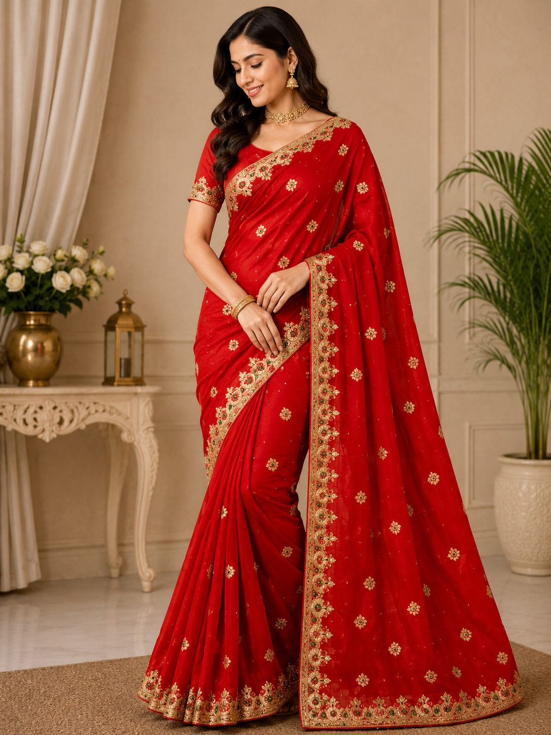 Red Gold Floral Embroidered Designer Saree