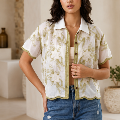 Women's White Floral Embroidered Short Sleeve Shirt