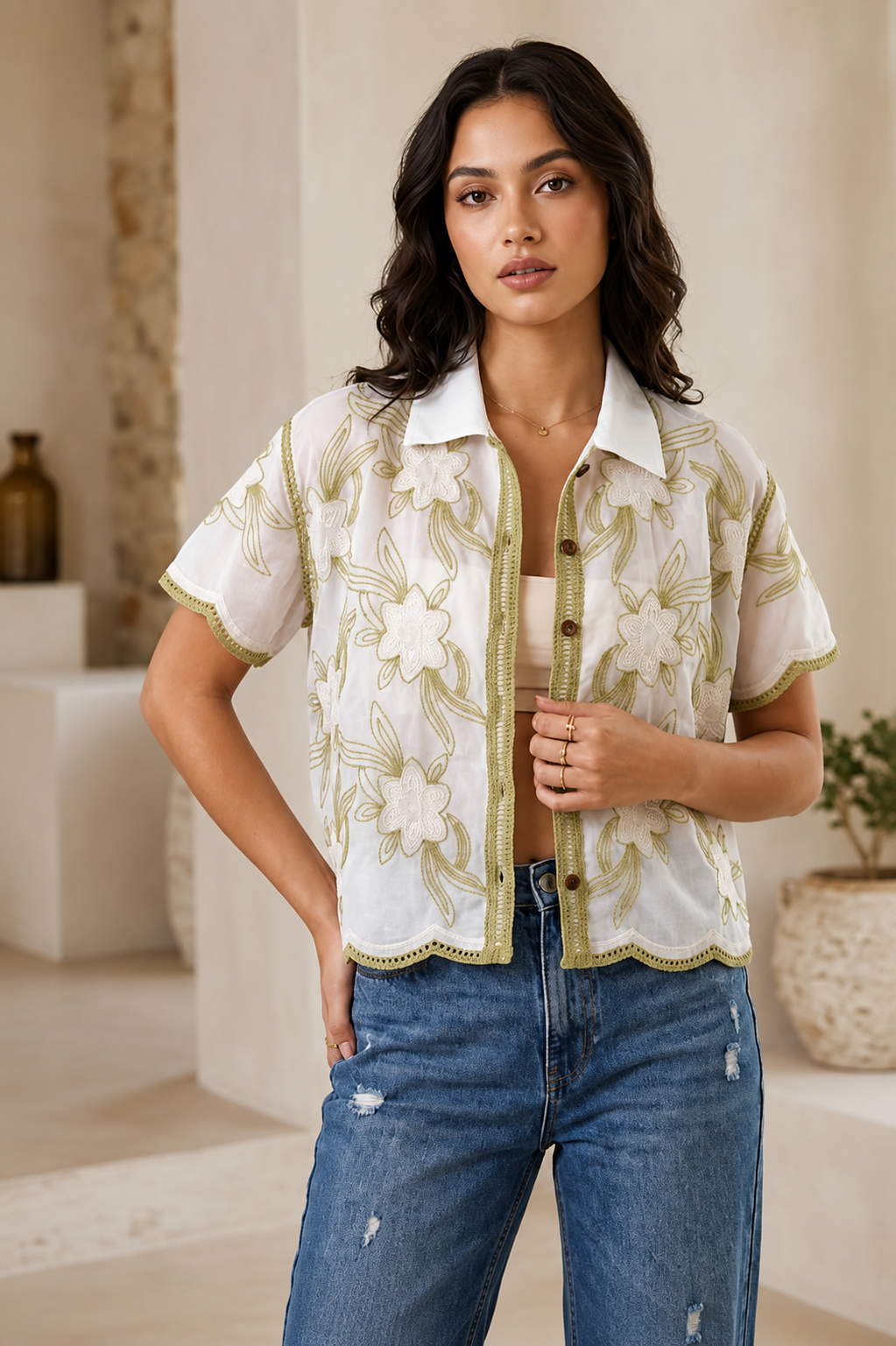 Women's White Floral Embroidered Short Sleeve Shirt