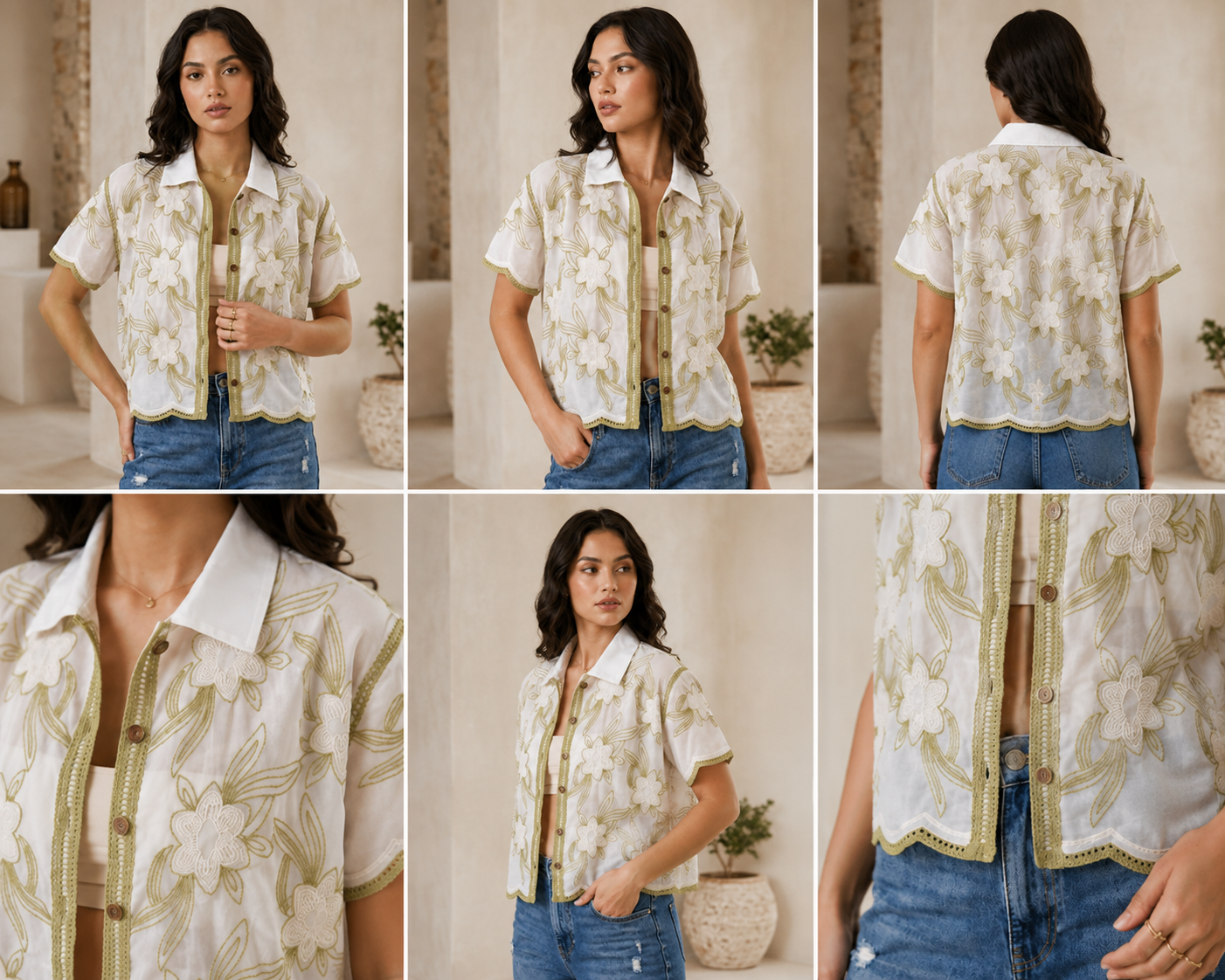 Women's White Floral Embroidered Short Sleeve Shirt - Image 2