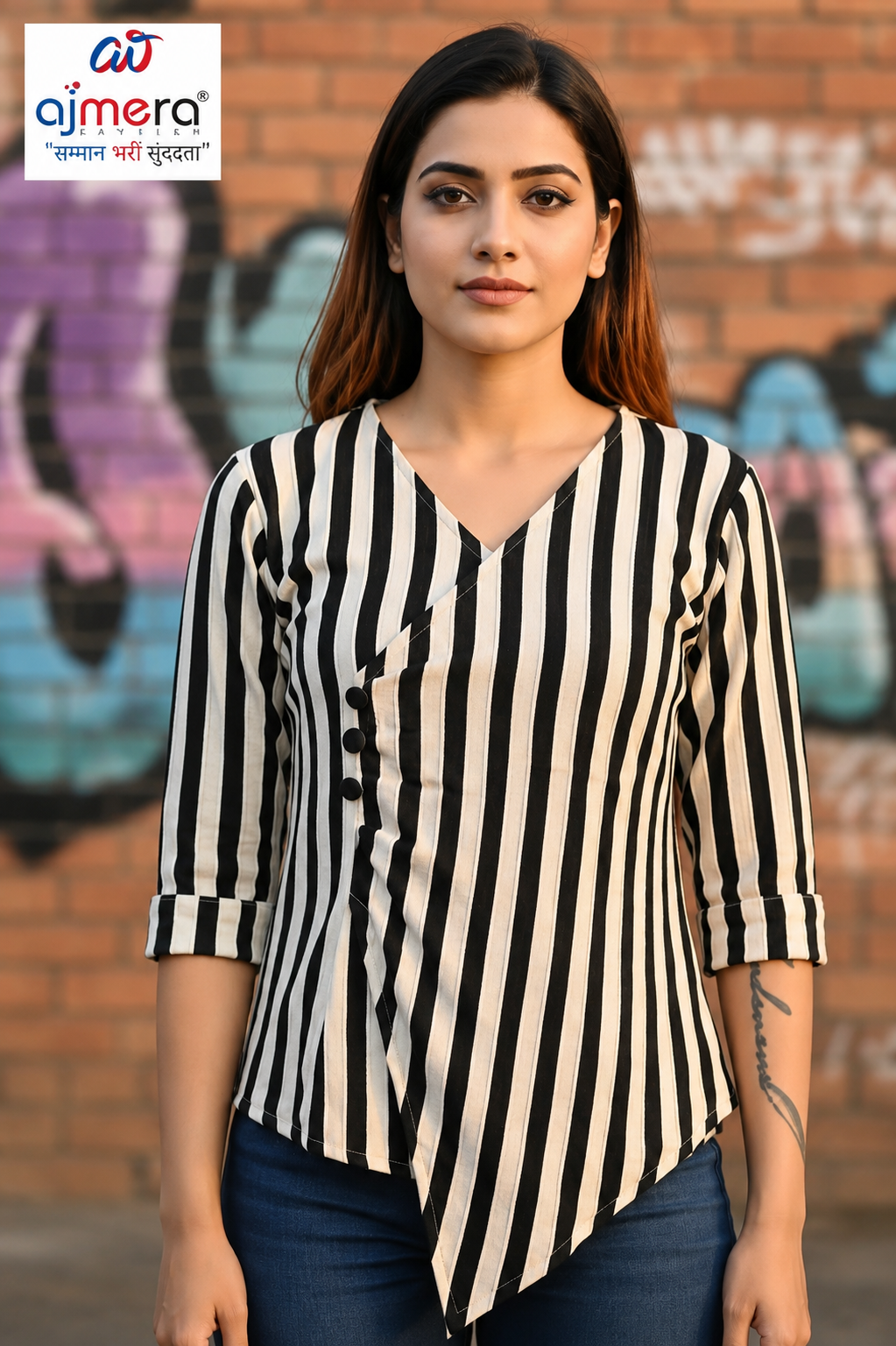 Women’s Black & White Striped Asymmetric Wrap Top