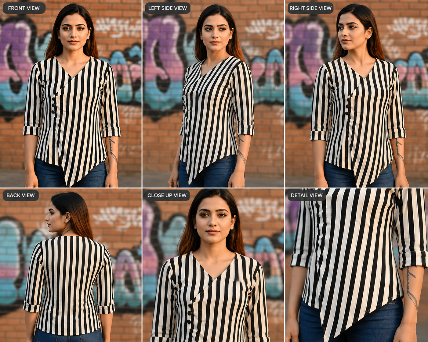 Women’s Black & White Striped Asymmetric Wrap Top - Image 2