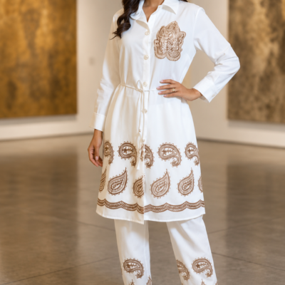 Women’s White Paisley Embroidered 2-Piece Set