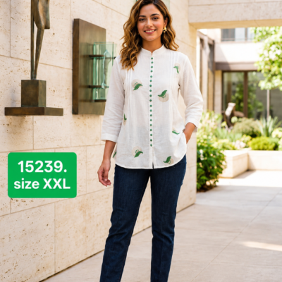 Women’s White Green Embroidered Mandarin Collar Shirt