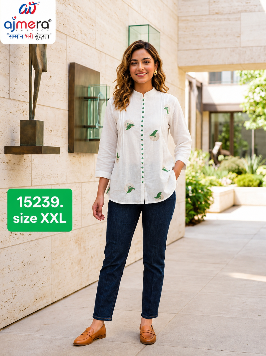 Women’s White Green Embroidered Mandarin Collar Shirt