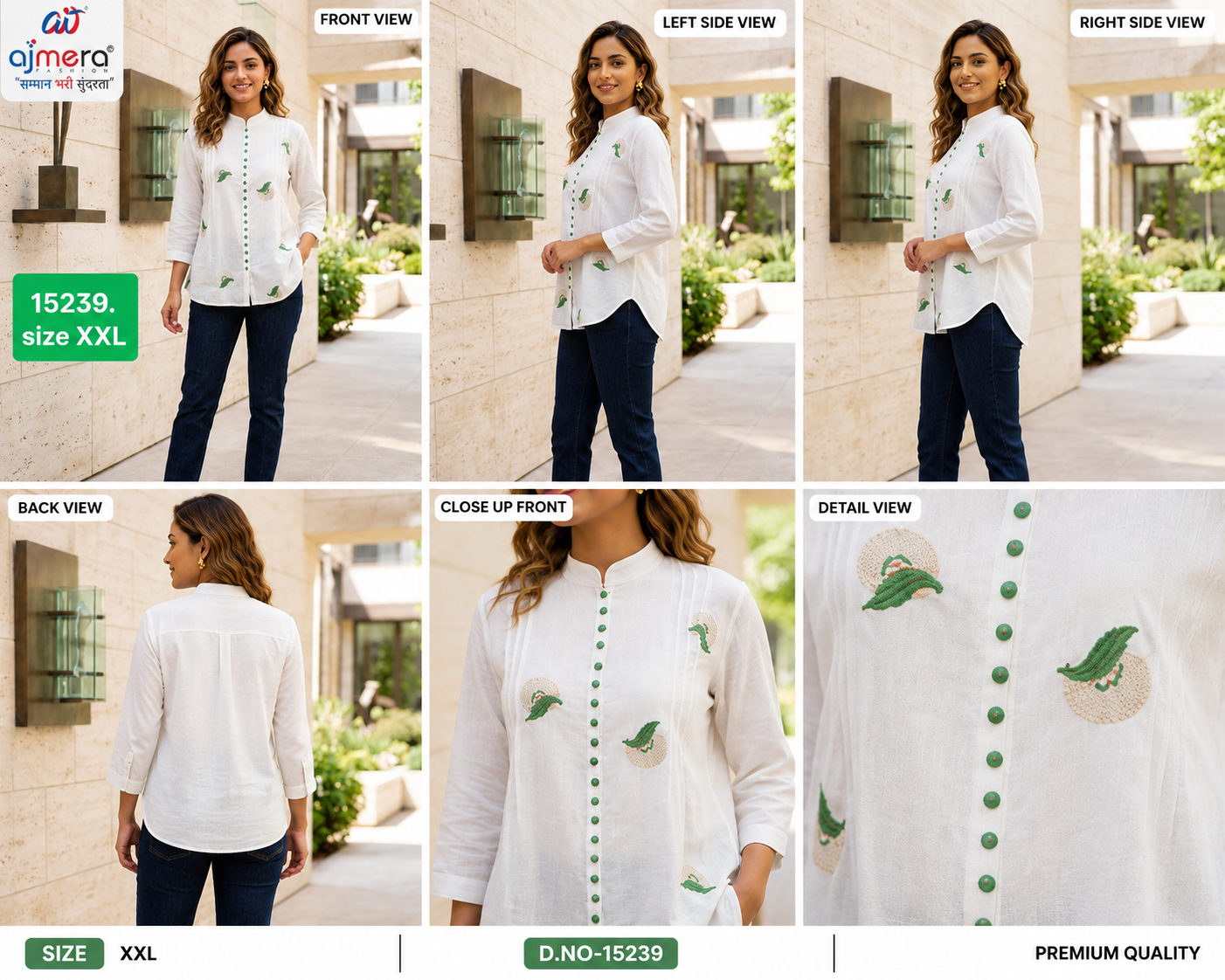 Women’s White Green Embroidered Mandarin Collar Shirt - Image 2