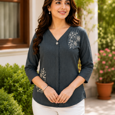 Women’s Charcoal Grey Floral Embroidered V-Neck Top