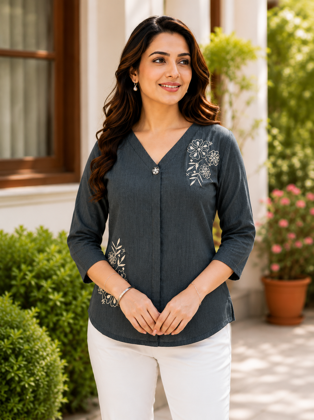 Women’s Charcoal Grey Floral Embroidered V-Neck Top