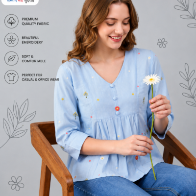 Women’s Light Blue Floral Embroidered V-Neck Top