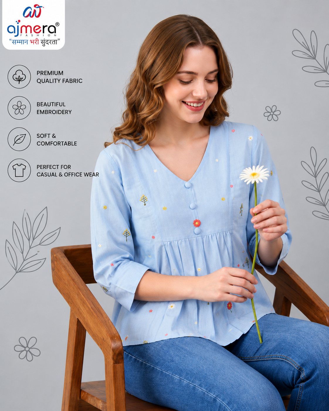 Women’s Light Blue Floral Embroidered V-Neck Top